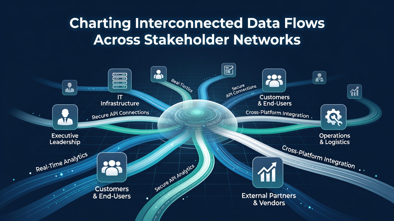 Diagram illustrating data flows between multiple stakeholder groups in a network